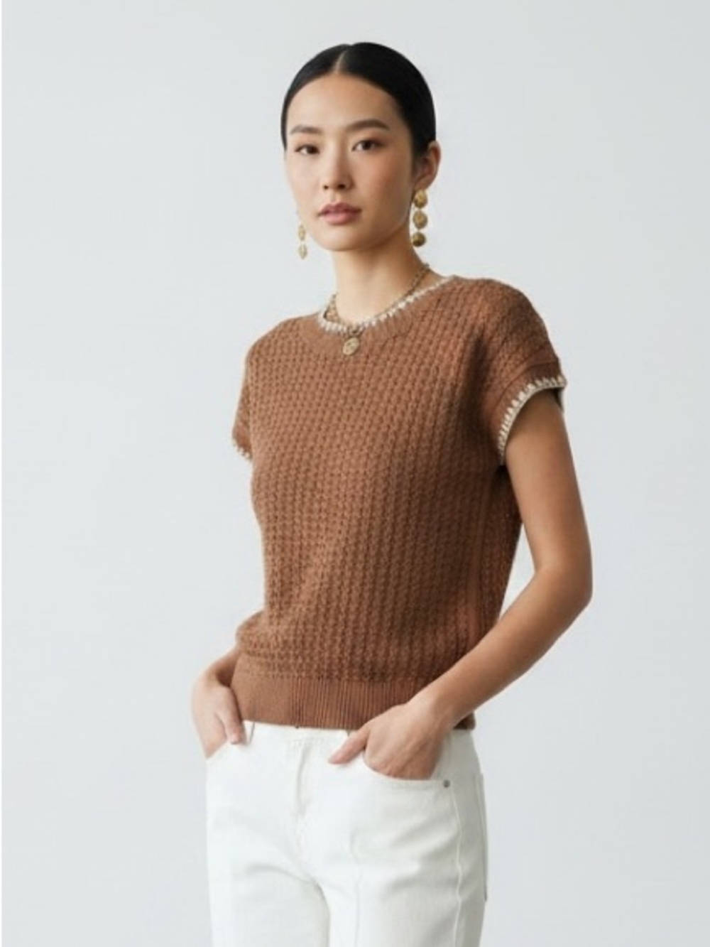 1421 • Brown Cotton Loose Knit Semi Sheer  Top w/Ivory Blanket Stitch Contrast